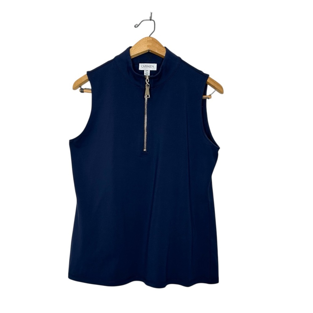 Carmen Marc Valvo Womens Sleeveless‎ Half Zip Front Blouse Navy Blue Medium M